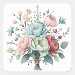 Elegante ingepakte bloemenboeket zachte pastelkleu vierkante sticker