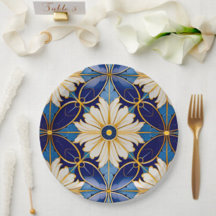 Elegante ingewikkelde Art Deco gouden diepblauwe b Papieren Bordje