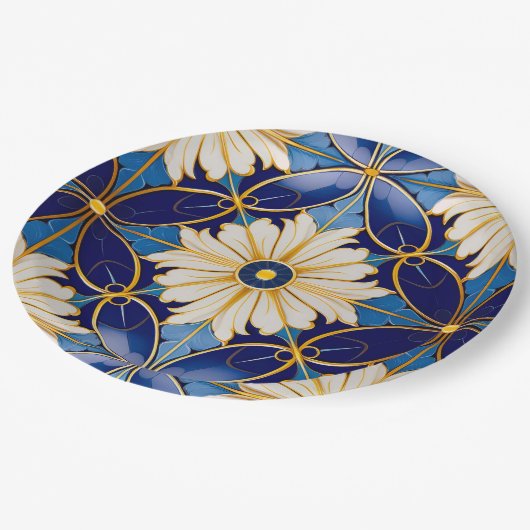 Elegante ingewikkelde Art Deco gouden diepblauwe b Papieren Bordje (Gekanteld)