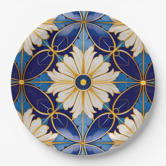 Elegante ingewikkelde Art Deco gouden diepblauwe b Papieren Bordje (Voorkant)