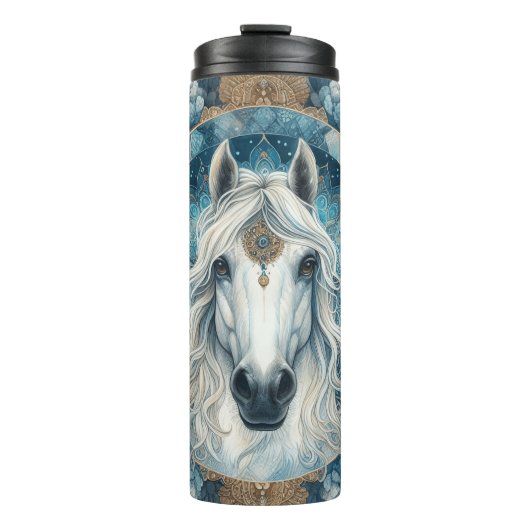 Elegante ingewikkelde witte paard hoofd mandala thermosbeker (Voorkant)