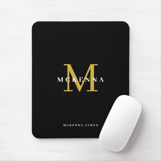 Elegante Initiaal Chic Zwart Goud Monogram Muismat (Met muis)