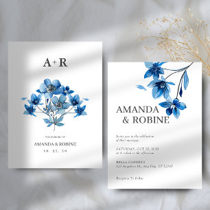 Elegante Initialen Blue Floral Wedding Kaart
