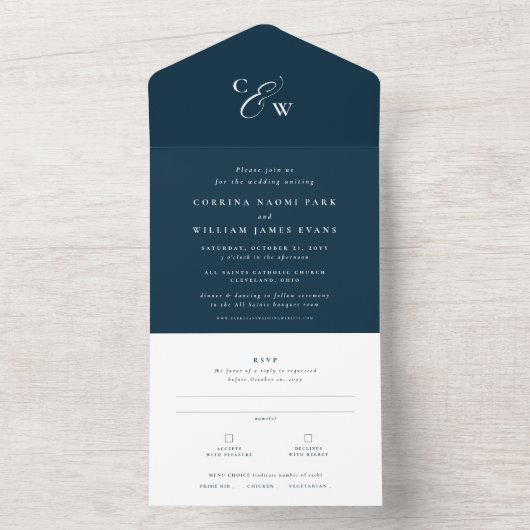 Elegante initialen eenvoudige marineblauwe bruilof all in one uitnodiging (Binnen)