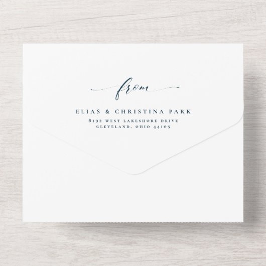 Elegante initialen eenvoudige marineblauwe bruilof all in one uitnodiging (Achterkant)