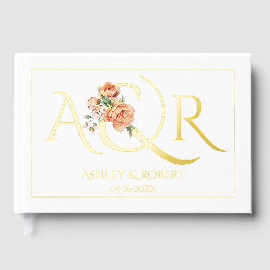 Elegante initialen en perzik rozen bruiloft folie gastenboek (Voorkant)