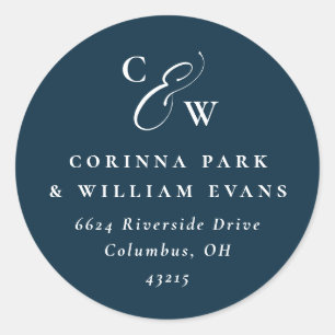 Elegante initialen marineblauw bruiloft retouradre ronde sticker