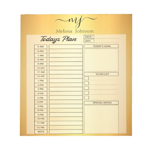 Elegante initialen op gouden dagbladen notitieblok (Voorkant)