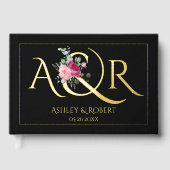 Elegante initialen, roze rozen zwarte trouwfoto gastenboek (Voorkant)