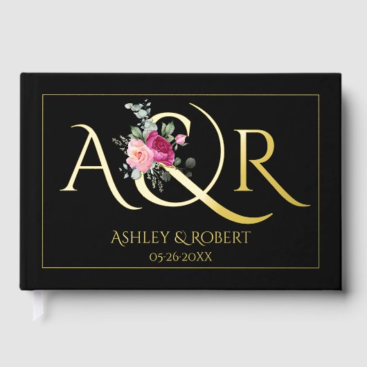 Elegante initialen, roze rozen zwarte trouwfoto gastenboek (Voorkant)