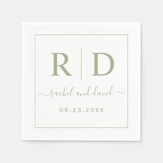 Elegante initialen salie groen monochroom bruiloft servet (Voorkant)