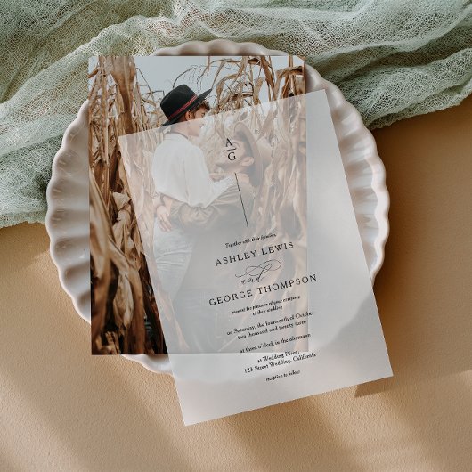 Elegante Initialen Zwart Modern Chic Wedding Vellum Uitnodigingen