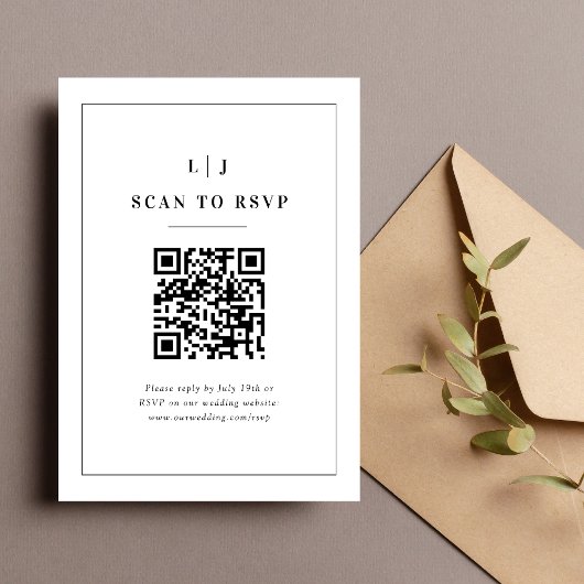 Elegante Initialen Zwart-wit bruiloft QR-code RSVP Kaartje