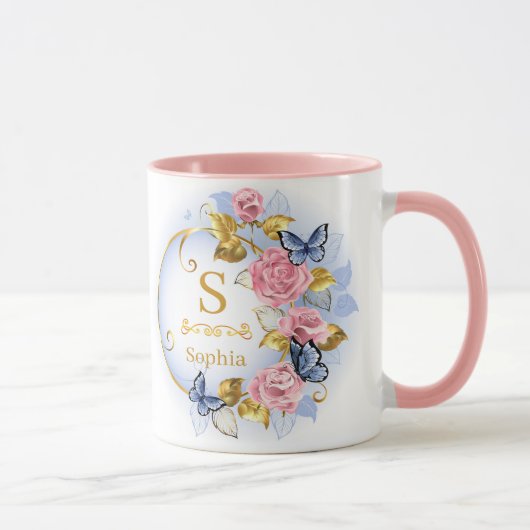 Elegante initiële bloem vlinder monogram en naam mok (Rechts)