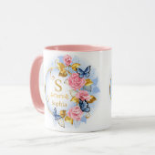 Elegante initiële bloem vlinder monogram en naam mok (Voorkant links)