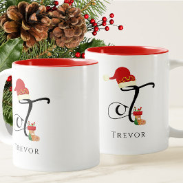 Elegante initiële naam Moderne letter T Kerstmis Tweekleurige Koffiemok