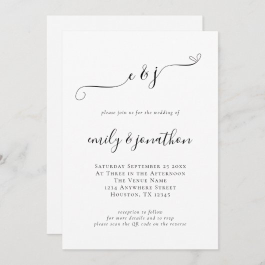 Elegante initiële QR-code-huwelijksscriptie Kaart (Voorkant / Achterkant)