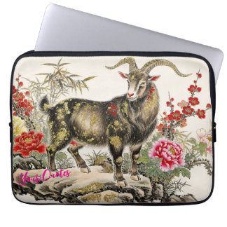 Elegante inktwassing geit met bloemrijke Aziatisch Laptop Sleeve