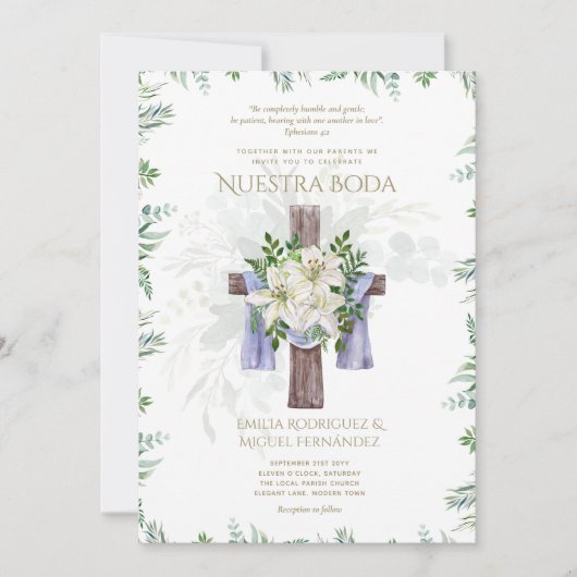 Elegante Invitación de Boda Católica Bilingüe Inv Kaart (Voorkant)