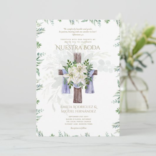 Elegante Invitación de Boda Católica Bilingüe Inv Kaart (Staand voorkant)