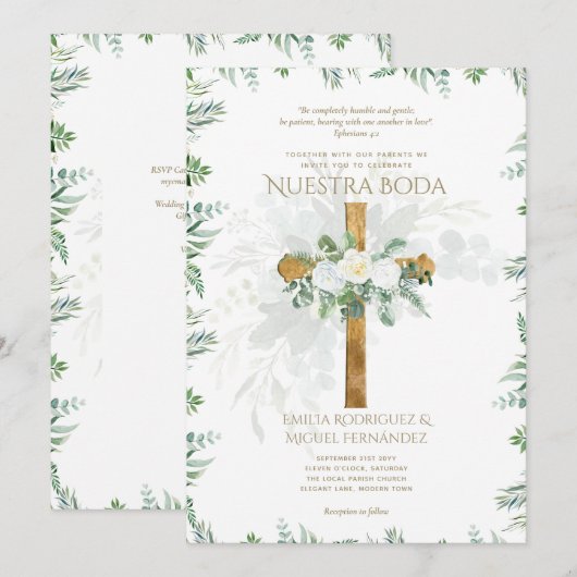 Elegante Invitación de Boda Católica Bilingüe Inv Kaart (Voorkant / Achterkant)