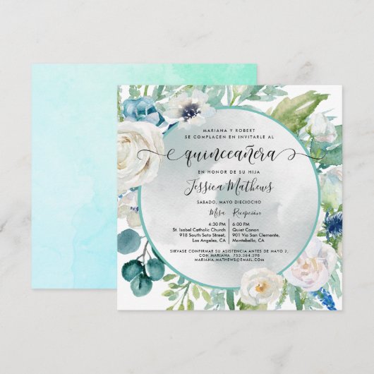 Elegante Invitación de Quinceañera Aqua Turquesa I Kaart (Voorkant / Achterkant)