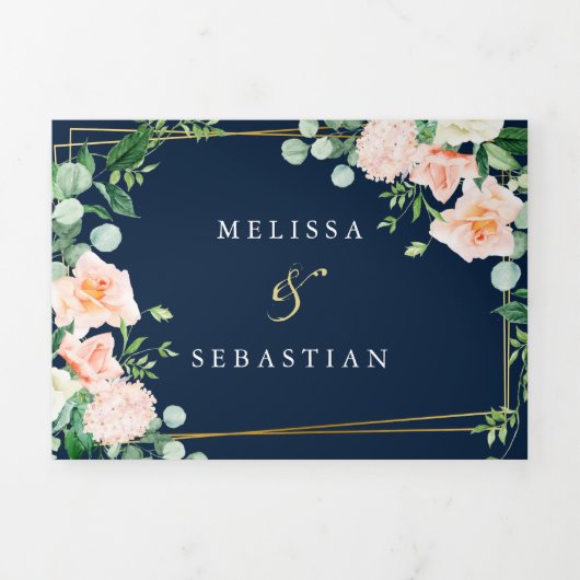 elegante Invitación triple azul oro marino Invitac Drieluik Uitnodiging (Cover)