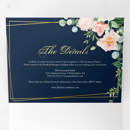 elegante Invitación triple azul oro marino Invitac Drieluik Uitnodiging (Binnenzijde eerst)