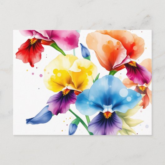 Elegante Iris Bloeit Met Waterverf Splatter Briefkaart (Voorkant)