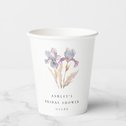 Elegante Iris Bloemachtige Bruiloftsborrel Papieren Bekers (Voorkant)