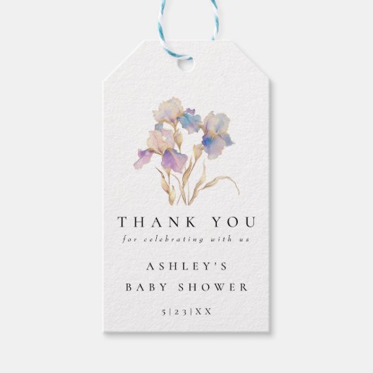 Elegante Iris Bloemen Baby Shower Cadeaulabel (Voorkant)