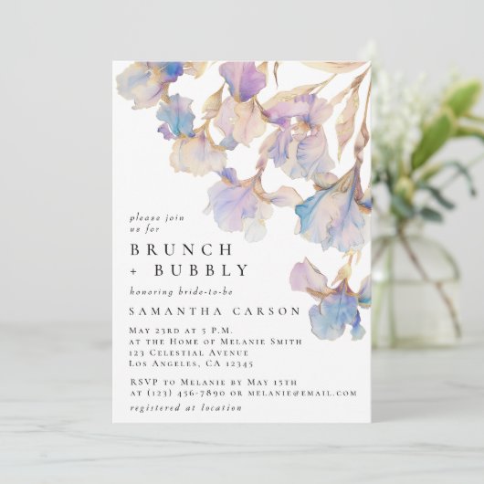 Elegante Iris Bloemen Waterverf Brunch en Bubbly Kaart (Staand voorkant)