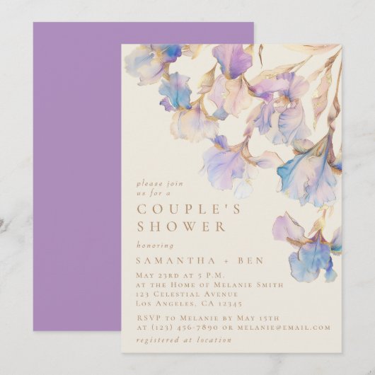 Elegante Iris Bloemen Waterverf Couple's Shower Kaart (Voorkant / Achterkant)