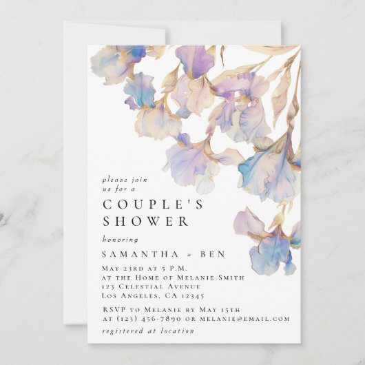Elegante Iris Bloemen Waterverf Couple's Shower Kaart (Voorkant)