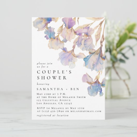 Elegante Iris Bloemen Waterverf Couple's Shower Kaart (Staand voorkant)