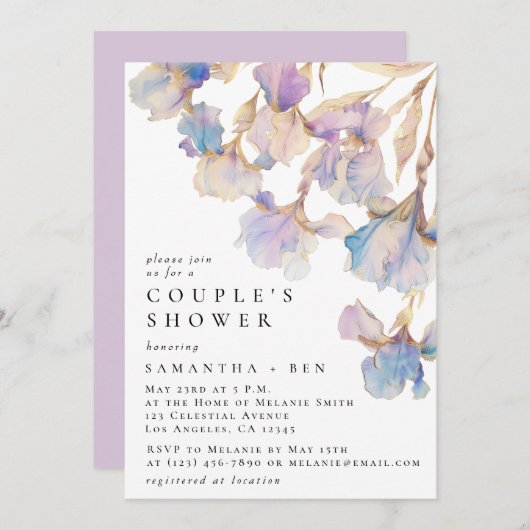 Elegante Iris Bloemen Waterverf Couple's Shower Kaart (Voorkant / Achterkant)