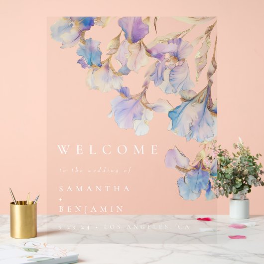 Elegante iris bloemenbruiloft acryl bord (Huwelijk)