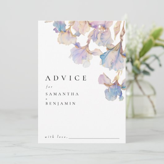 Elegante iris bloemenbruiloft advieskaart (Staand voorkant)