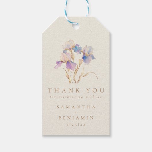 Elegante iris bloemenbruiloft cadeaulabel (Voorkant)