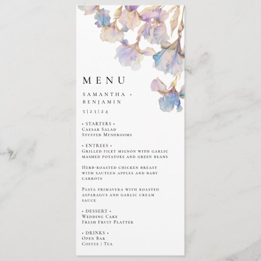 Elegante iris bloemenbruiloft menu (Voorkant)