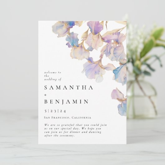 Elegante iris bloemenbruiloft programmakaart (Staand voorkant)