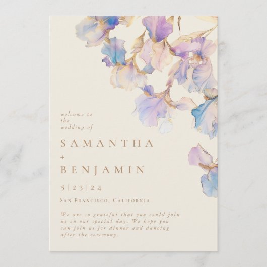 Elegante iris bloemenbruiloft programmakaart (Voorkant)