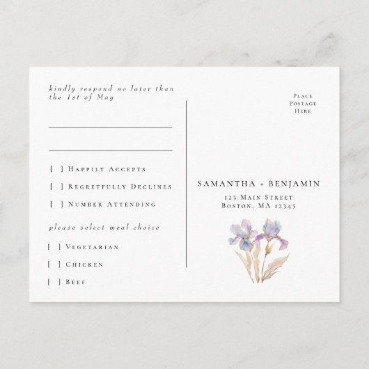 Elegante Iris bloemenbruiloft RSVP Briefkaart (Achterkant)