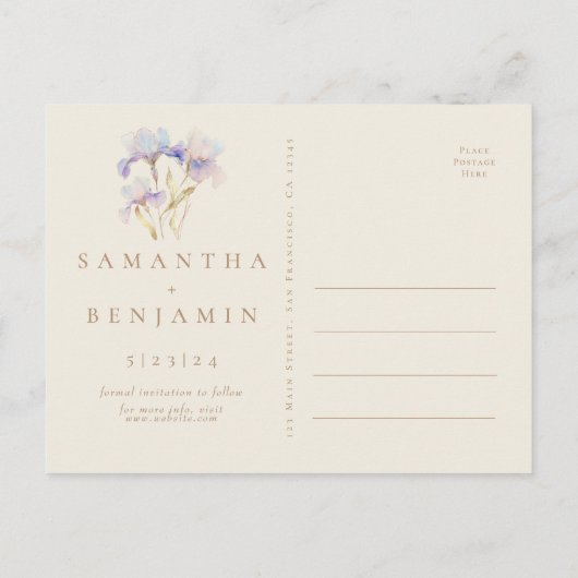 Elegante Iris bloemenbruiloft Save the Date Briefkaart (Achterkant)