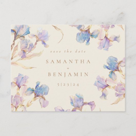 Elegante Iris bloemenbruiloft Save the Date Briefkaart (Voorkant)