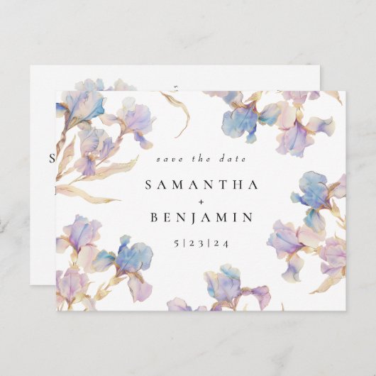 Elegante Iris bloemenbruiloft Save the Date Briefkaart (Voorkant / Achterkant)
