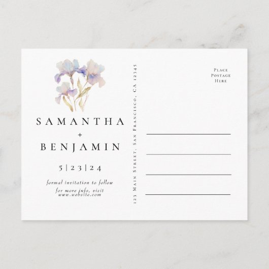 Elegante Iris bloemenbruiloft Save the Date Briefkaart (Achterkant)