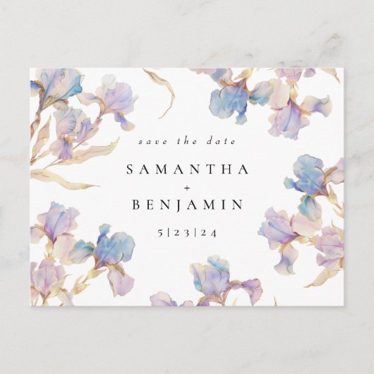 Elegante Iris bloemenbruiloft Save the Date Briefkaart (Voorkant)