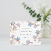 Elegante Iris bloemenbruiloft Save the Date Briefkaart (Staand voorkant)