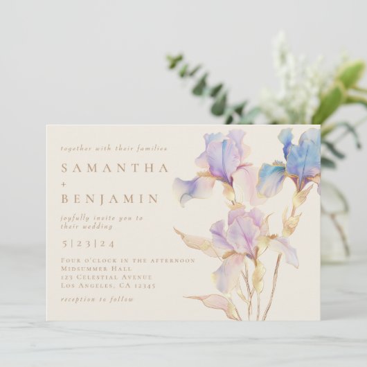 Elegante iris bloemenbruiloft uitnodiging (Staand voorkant)